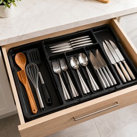 Expandable Silverware Organizer for Kitchen Drawers – 7-Compartment BPA-Free Cutlery Tray with Adjustable Width
