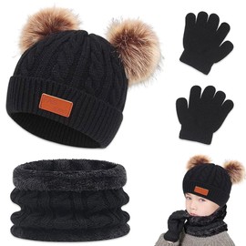 Udbrud 3-in-1 Children's Winter Hat Scarf Gloves Set, Warm Winter Beanie Hat Gloves Scarf Set Knitted Hat Baby Hat Children's Hat Set for Children Boys Girls 1-8 Years, black