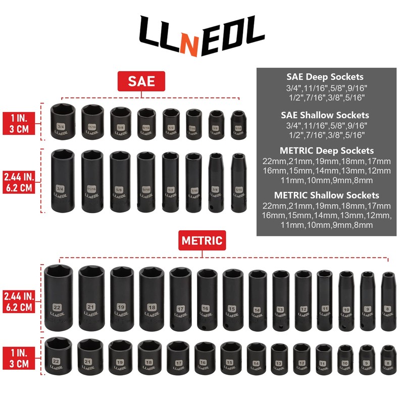 LLNEDL Impact Socket Set 3/8 Drive,95Pcs Deep&Shallow Socket Wrench Set,6
