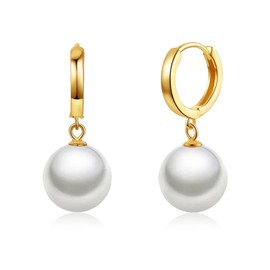 JAXXEL White Pearl Earrings for Women,Fishhook Pearl Drop Earrings 18K Gold Plated Hypoallergenic Earrings Pearl Drop Earrings Fine Jewelry for Women Size 10MM