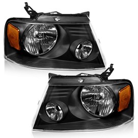 WEELMOTO for 2004-2008 Ford F150 Pickup Headlights Assembly, Headlamp Compatible with 06-08 Lincoln Mark LT Driver and Passenger Side Black Housing Amber Reflector