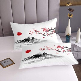 Homemissing Cherry Blossom Bed Linen 135 x 200 cm for Girls Women Chic Japanese Style Bedding Set Teen Bedroom Decor Exotic Fuji Mountain Duvet Cover Set Natural Landscape Art Bed Linen Soft