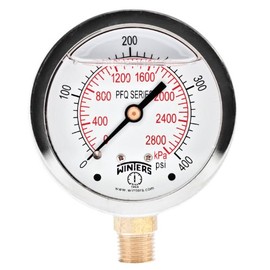 Winters PFQ Series Stainless Steel 304 Dual Scale Liquid Filled Pressure Gauge with Brass Internals, 0-400 psi/kpa,2-1/2" Dial Display, -1.5% Accuracy, 1/4" NPT Bottom Mount