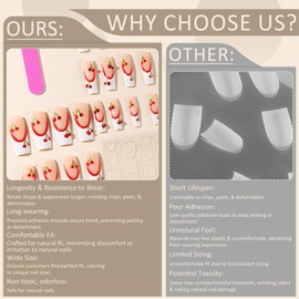 Wugbc Press on Nails Long Square White French Tip Fake Nails Kit with Red 3D Cherry Design Acrylic Nail Press ons Glossy Full Cover Glue on Nails Reusable Stick on Nails Set for Women Manicure Art