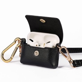 TÄSCH | Lederschutzhülle | Abnehmbarer Tragegurt + Anhänger | Hülle für AirPods Pro (Schwarz)