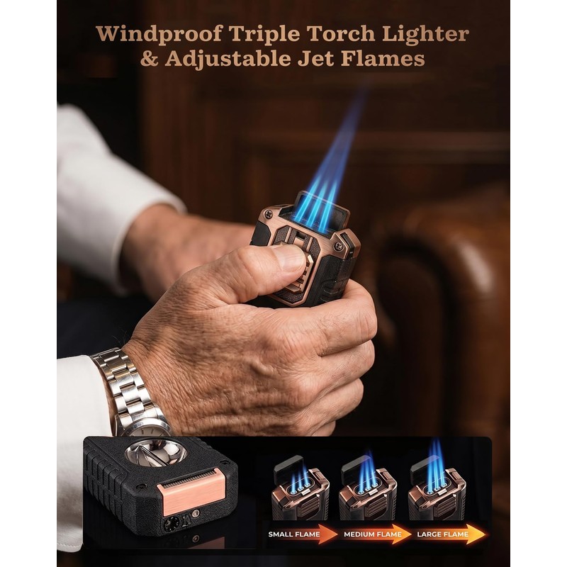 5-in-1 Butane Torch Lighter, with Built-in Punch, V Cutter, Draw