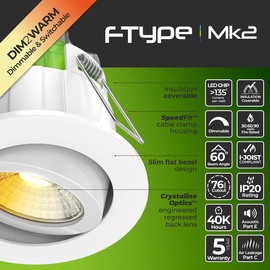 Luceco FType Adjustable Mk2 Power Change and Colour Change Temperature Downlight, 4W/6W, 3000K Dim2Warm, IP65 Rated, White