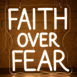 Faith Over Fear Neon Sign for Wall Decor Dimmable God LED Neon Light Christian Decor for Prayer Room Home Church Warm White Letters Sign Jesus Inspirational Religious Wall Art Size 10.6*10in(GLNP209)