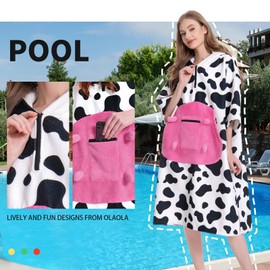 OLAOLA Cow Surf Poncho Changing Towel, Plus Size Swim Beach Quick Dry Robe Poncho with Pocket and Hooded, Soft Thick Terry Cloth Cover-Up for Women Men
