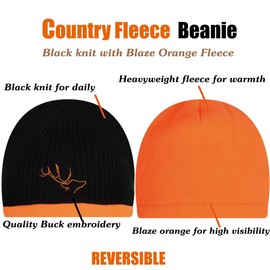 EDTREK Reversible Windproof Fleece Beanie Hat - Warm Winter Hat for Hunting Fishing Camping in Cold Weather (Black with Blaze Orange，Medium)