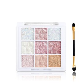 9-Color Shimmer Eyeshadow Palette – White & Pink Glitter Shades, Creamy Texture, Waterproof, Highly Pigmented Sparkly Makeup for Women, Includes Brush