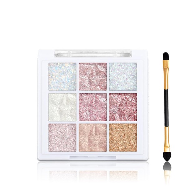 9-Color Shimmer Eyeshadow Palette – White & Pink Glitter Shades,