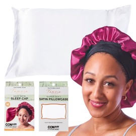 CONAIR x Tamera Mowry Housley Collection Satin Hair Bonnet with Bonus Pillowcase for Sleeping Set - Use on long and short lengths - preserve curls and braids - sleep cap for women - 2 piece bundle