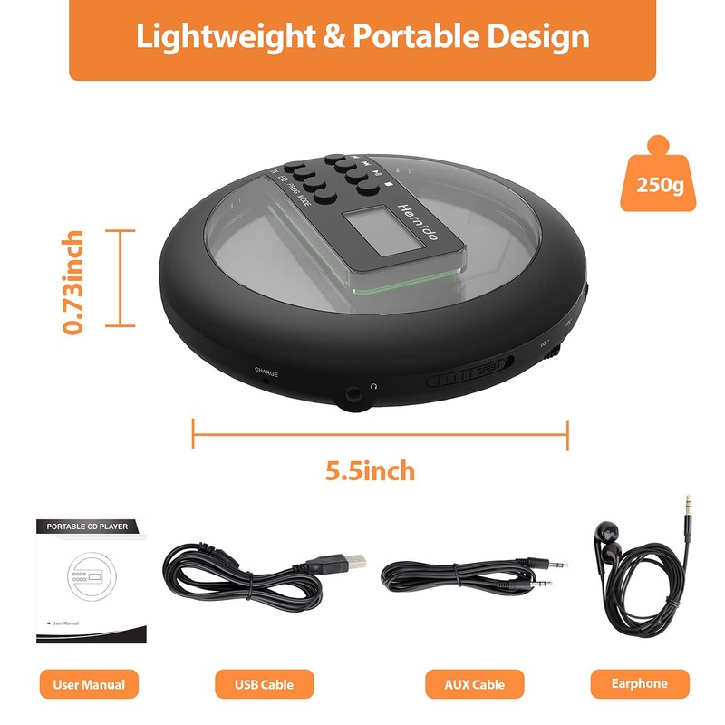 Rechargeable Portable CD Player for Car, Hernido Discman with FM