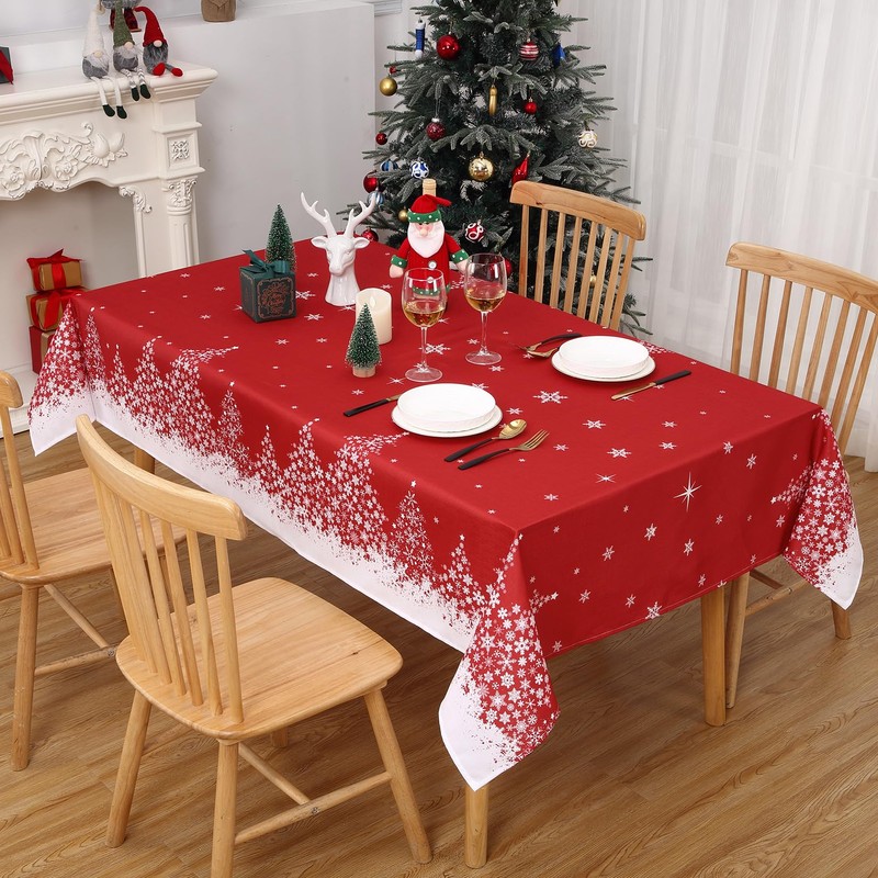ROYGROW Square Christmas Tablecloth 52x52 with Tree Decorations, Red Snowflake