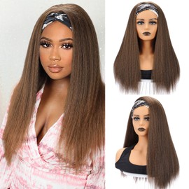 Mairead Kinky Straight Headband Wig 24 Inches Long Yaki Headband Wigs for Black Women Glueless None Lace Wig with Headband Attached Synthetic Headband Wig for Cosplay Party Costume Daily Use, 1B/30