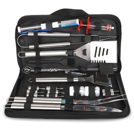 SpartaSake 24 Pc. BBQ GrillTools – Stainless Steel BBQ Utensils for Grill, Smoker & Blackstone– BBQ Grill Accessories Grilling Gift for Men & Women with Spatula, Thermometer & Tongs - Steel Handle