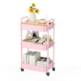 johgee 3 Tier Rolling Cart with Table top, Metal Rolling Utility Cart, Sturdy Storage Organizer Cart with Locking Wheels & Hooks for Office, Classroom, Kitchen and Bathroom，Pink