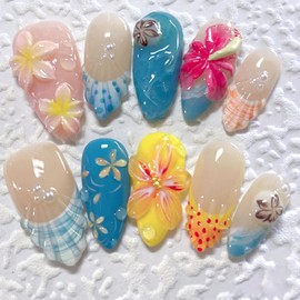 30Pcs French Tip Press on Nails Medium Almond Handmade False Nail Ocean Flower Designs French Nails Press on Colorful Flower Tips Nails Set Summer Floral Stick on Nail for Women DIY Manicure