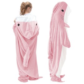 Touchat Shark Blanket Onesie for Adult Super Soft Cozy Flannel Throw Wearable Blanket Hoodie, Cartoon Animals Shark, Sleeping Bag Cosplay Shark Costume Blanket Gifts for Shark Lovers (Pink,xl)