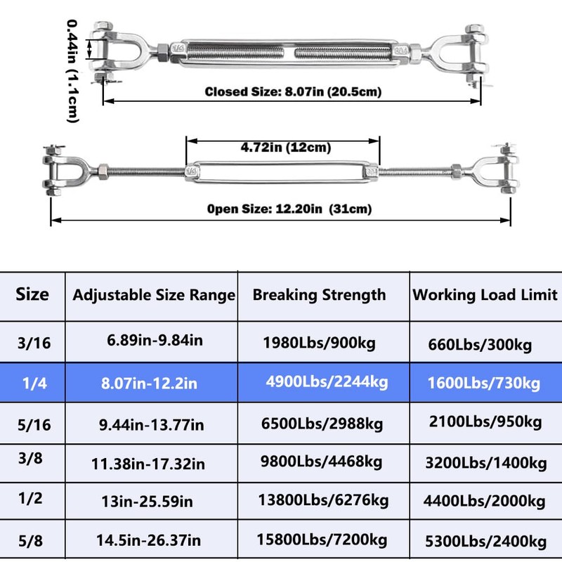2 Pack Turnbuckle 1/4 M6 304 Stainless Steel Turnbuckles, 1600