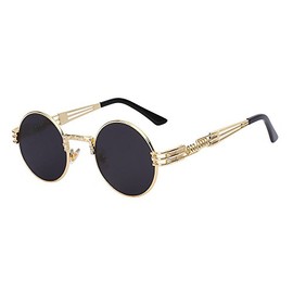 Round Classic Luxury Steampunk Sunglasses (Gold Metallic Frame, Black)