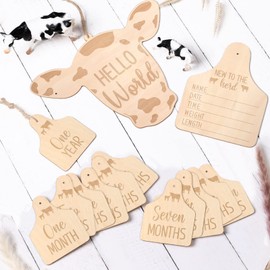 Huray Rayho Cow Baby Monthly Cards Rustic Wooden Herd Cattle Newborn Photography Props to Record Your Baby´s Growth, Gift Set of 14 Reversible Cards for Pregnancy and Baby Shower