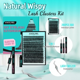 Natural Lash Clusters Kit，Diy Lash Extension Kit，280PCS Eyelash Extension Kit，Eyelash Clusters Kit，9-16mm Lashes Extension Kit，Individual Lashes with Bond and Seal and Tweezer（50D，D-Mix9-16mm Kit)