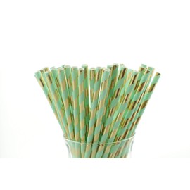 Mint and Gold Striped Foil Straws | 25 Pack | Premium Paper Straws | Party Supplies and Decor