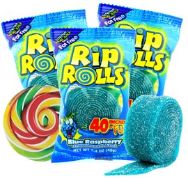 Sweetzo - Blue Raspberry Candy Rip Rolls, Chewy Sour Candies, Individually Wrapped Party Favors, Sticker Included, 1.4 Ounces (Pack of 3)