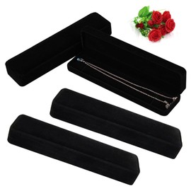 Rectangle Velvet Necklace Box, Wanfoou 4 PCS Velvet Pendant Gift Box Long Chain Jewelry Display Boxes Long Necklace Case Bracelets Display Case for Engagement Wedding Mothers Day Birthday Gifts, Black