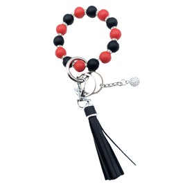 Unpafcxddyig Wristlet Bracelet Keychain Silicone Beads with Leather Tassel Rhinestone Key Rings Silver for Women,black red