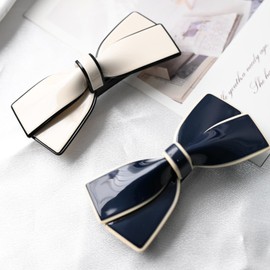 3.44 inch Elegant Bow Hair Clip for Women,Spring Clips for Ponytails White with Black Trim, Pre-tied Design (white)