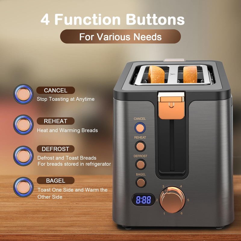 Mecity Toaster 2 Slice Stainless Steel Body Timer, Bagel/Defrost/Reheat/Cancel Functions,Warming