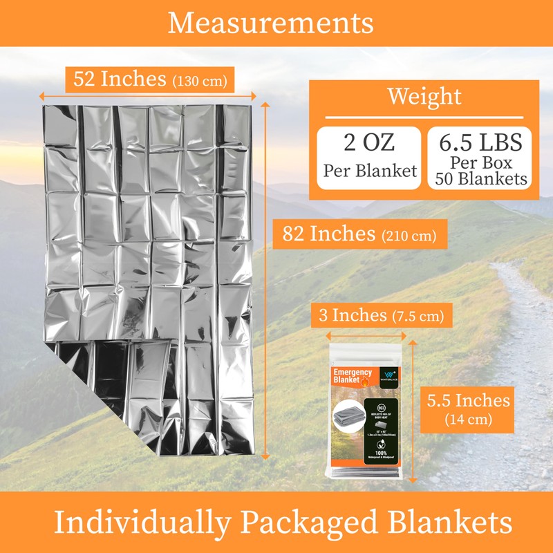 Winterlace Emergency Blankets 50-Pack (52” x 82”) Thermal Mylar Survival