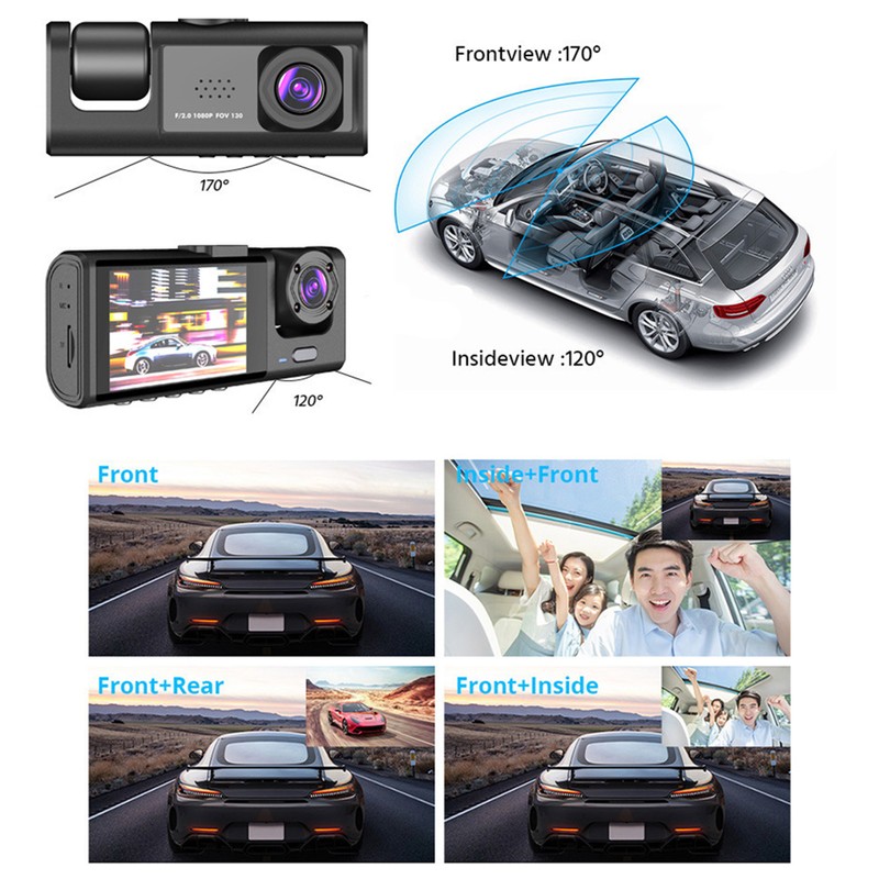Dash Cam Front and Rear Inside 3 Cameras 1080P+720P+480p Car