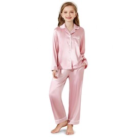 Arshiner Girls Pajamas Silk Satin Pajama Set Long Sleeve Pjs Button Down Sleepwear Lotus Root Pink 12-13 Years
