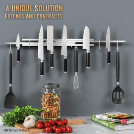 KINESISRACK Magnetic Knife Holder for Wall 16 inch Extends up to 30 inches 4 Strip Neodymium Magnetic Rack with 10 Hooks for Kitchen Utensils Organize. No Drill. Tools Holder