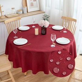 SPRICA Round Tablecloth 160cm/63inch Diameter Water Resistant Linen Effect Coarse Weave Rustic Durable Solid Color Table Cover, Red