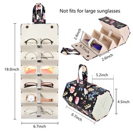 MEGREZ 6 Slots Sunglasses Organizer Box, PU Leather Foldable Eyeglasses Case, Portable Sunglasses Case for Multiple Glasses, Sunglasses Holder for Travel, Black-Flowers
