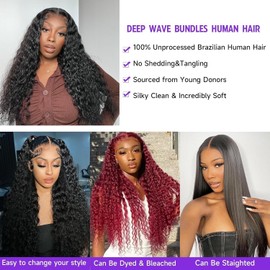 Human Hair Bundles (10 12 14 Inches) Deep Wave 3 Bundles Human Hair Brazilian Hair Bundles Human Hair Weft Human Hair Extension Natural Colour 70 g/Bundle (Total 210 g)