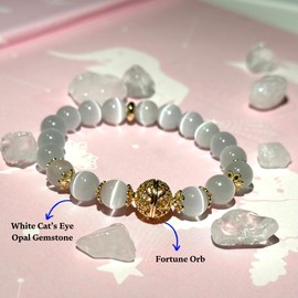 White Cat's Eye Opal Bracelet with Fortune Orb - 8 mm Round Crystal Beads - Stretch to Fit Bracelet - Handcrafted for Men and Women for Protection, Clarity, and Balance
