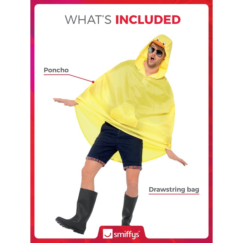Smiffys Duck Party Poncho, Yellow with Drawstring Bag, Party Poncho