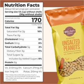 Wellsley Farms Unsalted and Roasted In-Shell Peanuts - USA Grown Whole Peanuts with Shell - Non-GMO, Low Sodium and Cholesterol Free - Shell-Cracking Snack for Game Day, BBQ and Travel - 5 lb Bag
