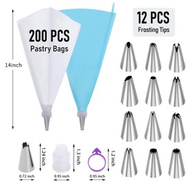200Pcs Piping Bags and Tips Set, 12 Inch Pastry Bags, Cakes Decorating Kit Supplies, Icing Bags Disposable with 1 Reusable Piping Bags, 12 Frosting Tips, 2 Couplers, 2 Bag Ties