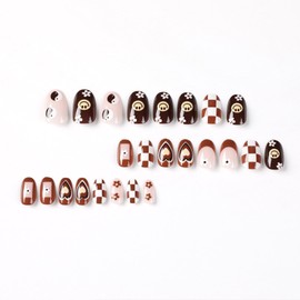 Brown Press on Nails Almond Fake Nails French False Nails Oval Shape Acrylic Nails with Checkerboard Heart Design Cute Glue on Nails Full Cover Glossy Flower Stick on Nails for Women Holiday Manicure
