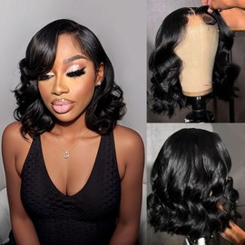 DSEKCAIN Loose Body Wave Bob Wig Human Hair 200 Density Transparent HD 13x4 Lace Frontal Free/Middle/Side Part 100% Real Human Hair Short Wavy Bob Wigs for Women 1B Black Color 14 Inch