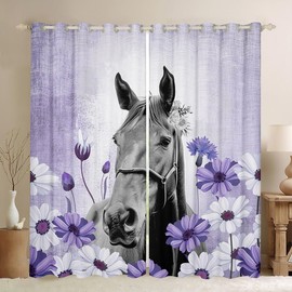 Feelyou Girls Horse Curtain for Bedroom for Horse Lover (2 Panels, 42x63 Inch) Farmhouse Daisy Floral Blackout Curtain (30%-50%) 3D Horse Flower Darkening Curtain Purple Abstract Window Treatments