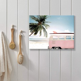 Beach Picture Coastal Wall Art: Pink Car with Surfboard Artwork Seaside Palm Painting Print on Canvas for Living Room (16'' x 12'' x 1 Panel)