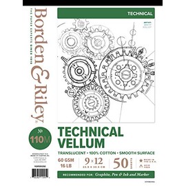 Borden & Riley #110M Almohadilla de vitela técnica, 9 x 12 pulgadas, 16 libras. 100% trapo, 50 hojas, 1 almohadilla cada uno (110P091250)